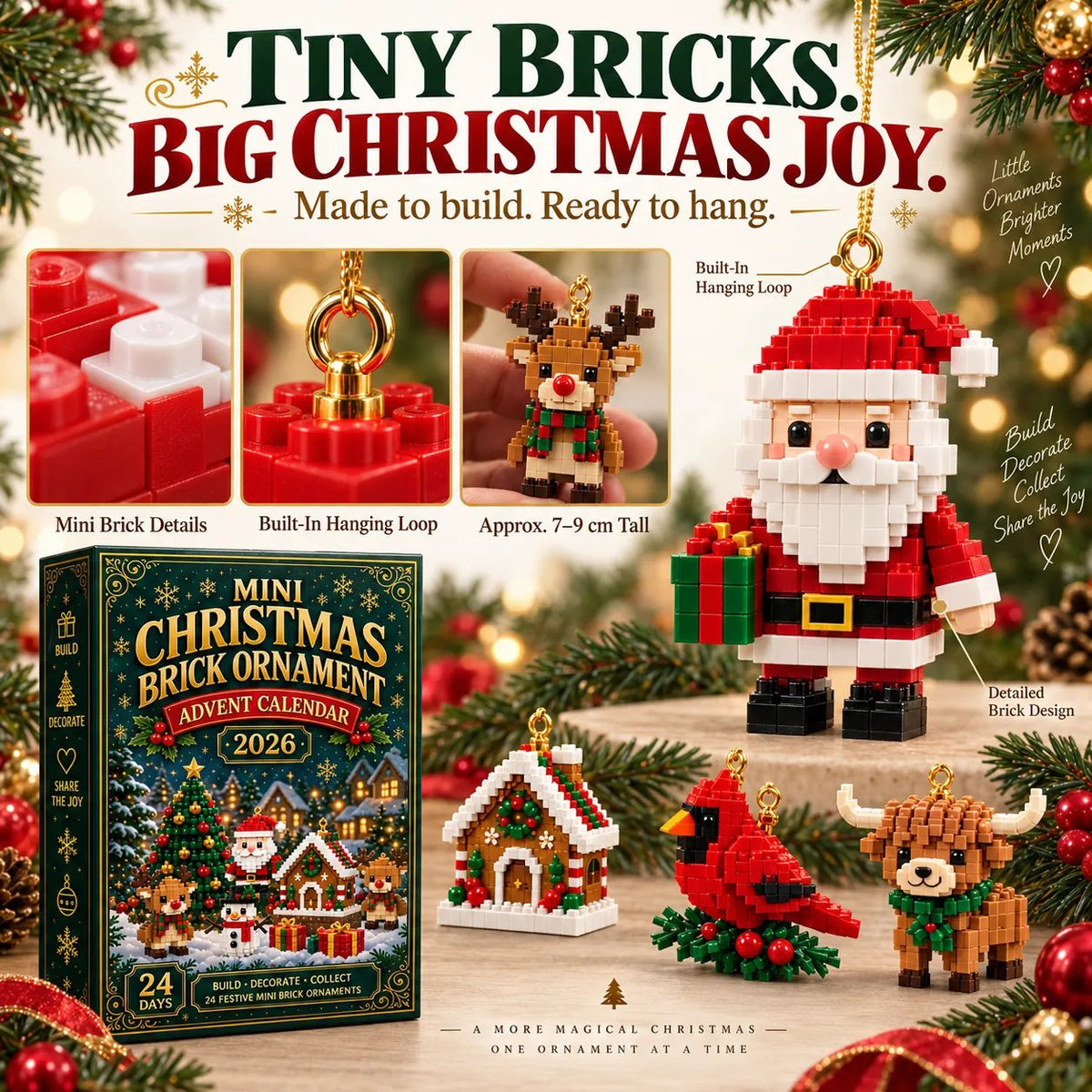 🎄🧱 Build & Hang Christmas Countdown – 24 Mini Holiday Brick Ornaments🛒