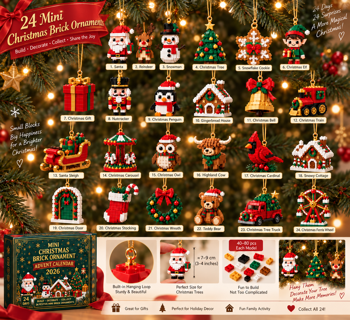 🎄🧱 Build & Hang Christmas Countdown – 24 Mini Holiday Brick Ornaments🛒